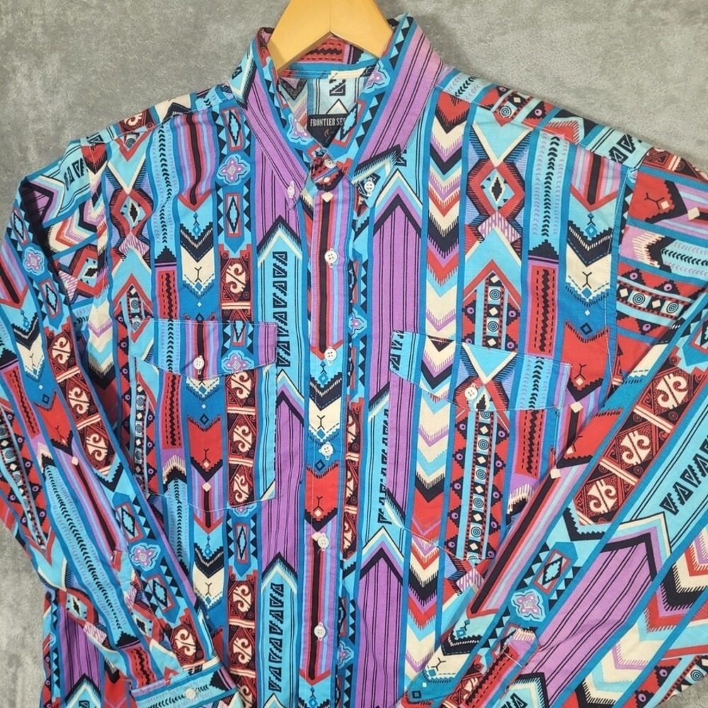 Vtg Frontier Series Shirt Mens Large Tall Purple Blue Aztec Southwest Western